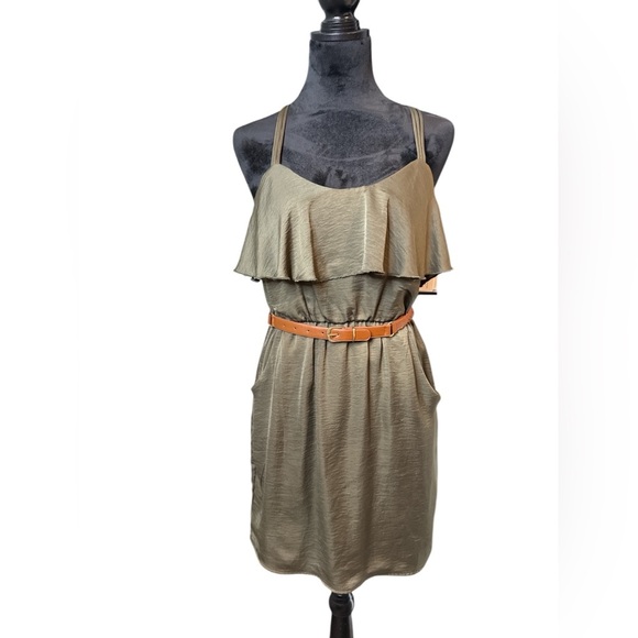 City Triangles Women’s Olive Green Ruffle Dress Size M – Belted, Sleeveless - Picture 10 of 11